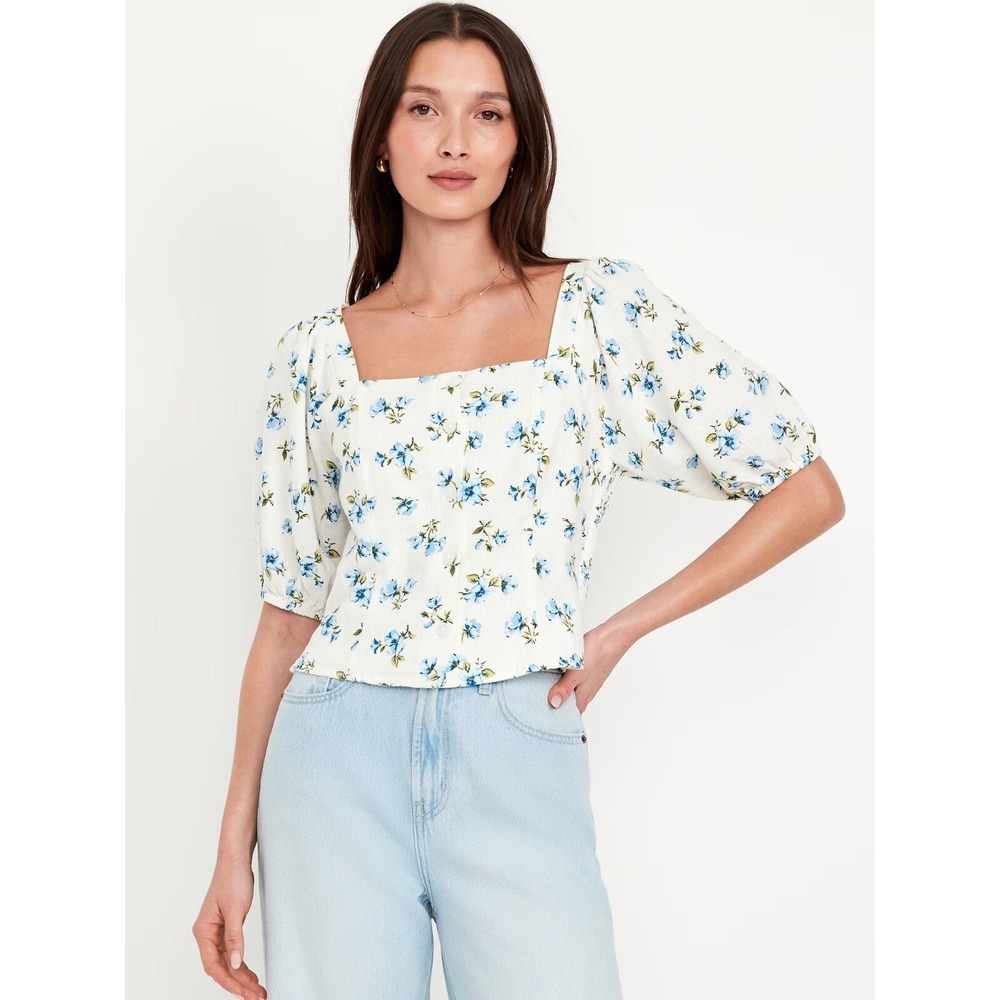 Old Navy Women's Button Down Puff Sleeve Linen Blend Top White Blue Floral Small